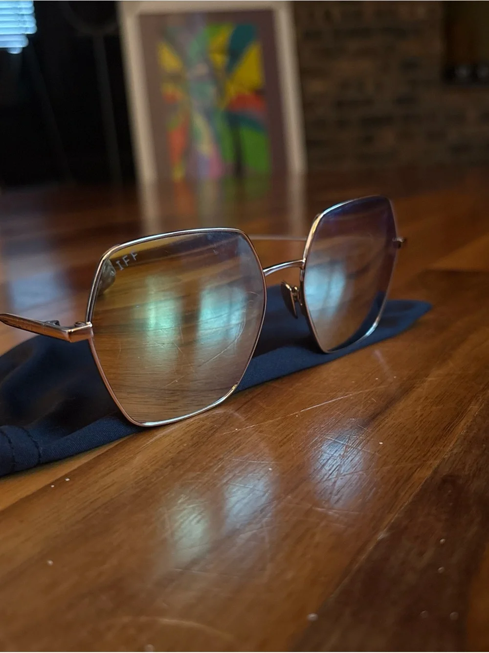 DIFF Geometric Hexagon Gold Mirrored Lens Sunglasses - Gold Frame, NEW